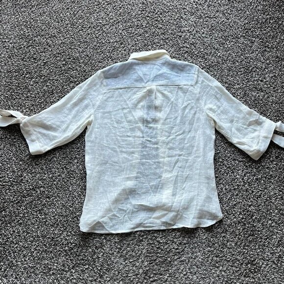 White Cream Linen Shirt with Tie-Cuff Sleeves, Small Laju Button-up Shirt - Picture 5 of 8